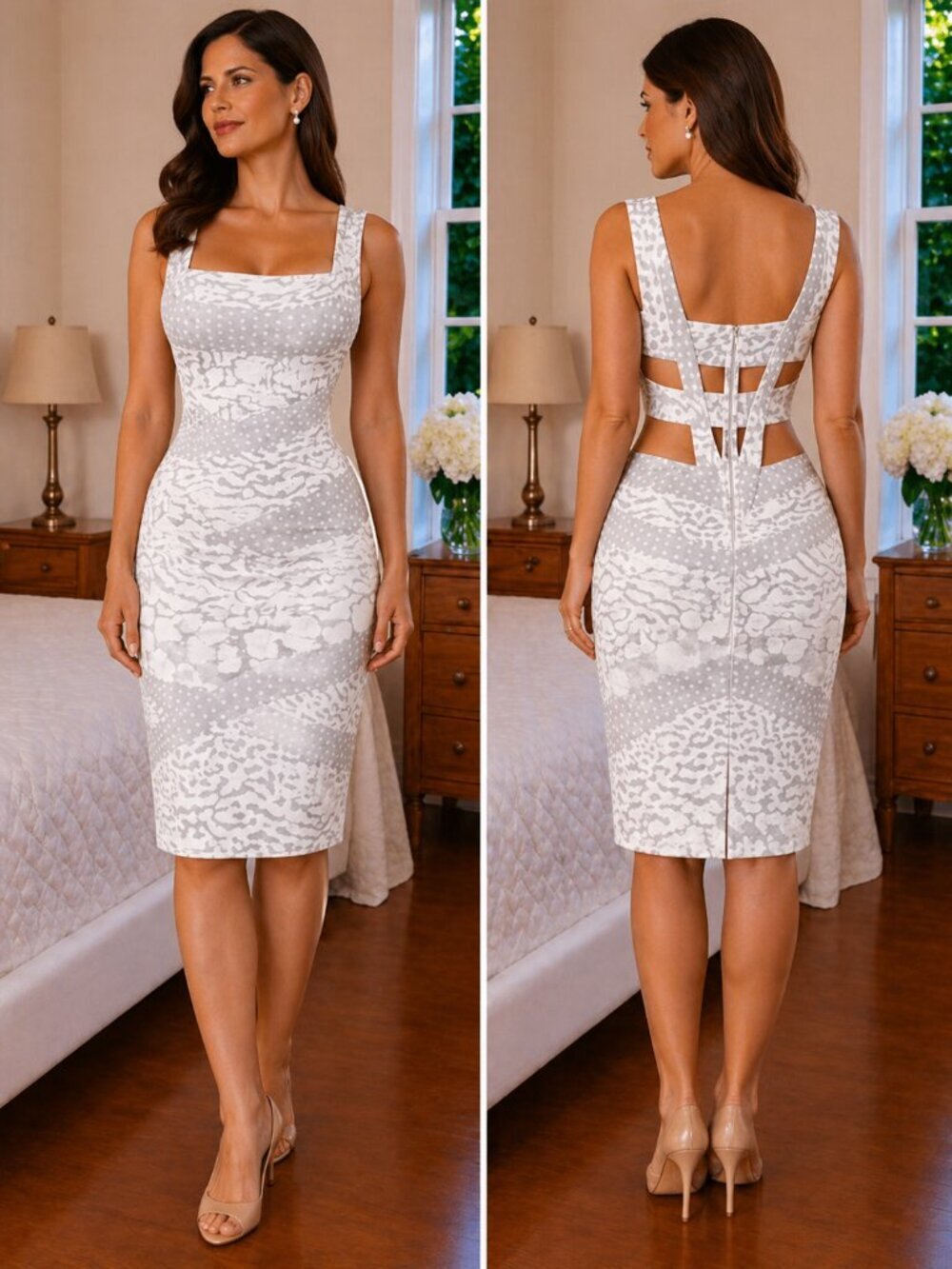 Herve Leger White Gray Square Neck Bandage Dress $1195